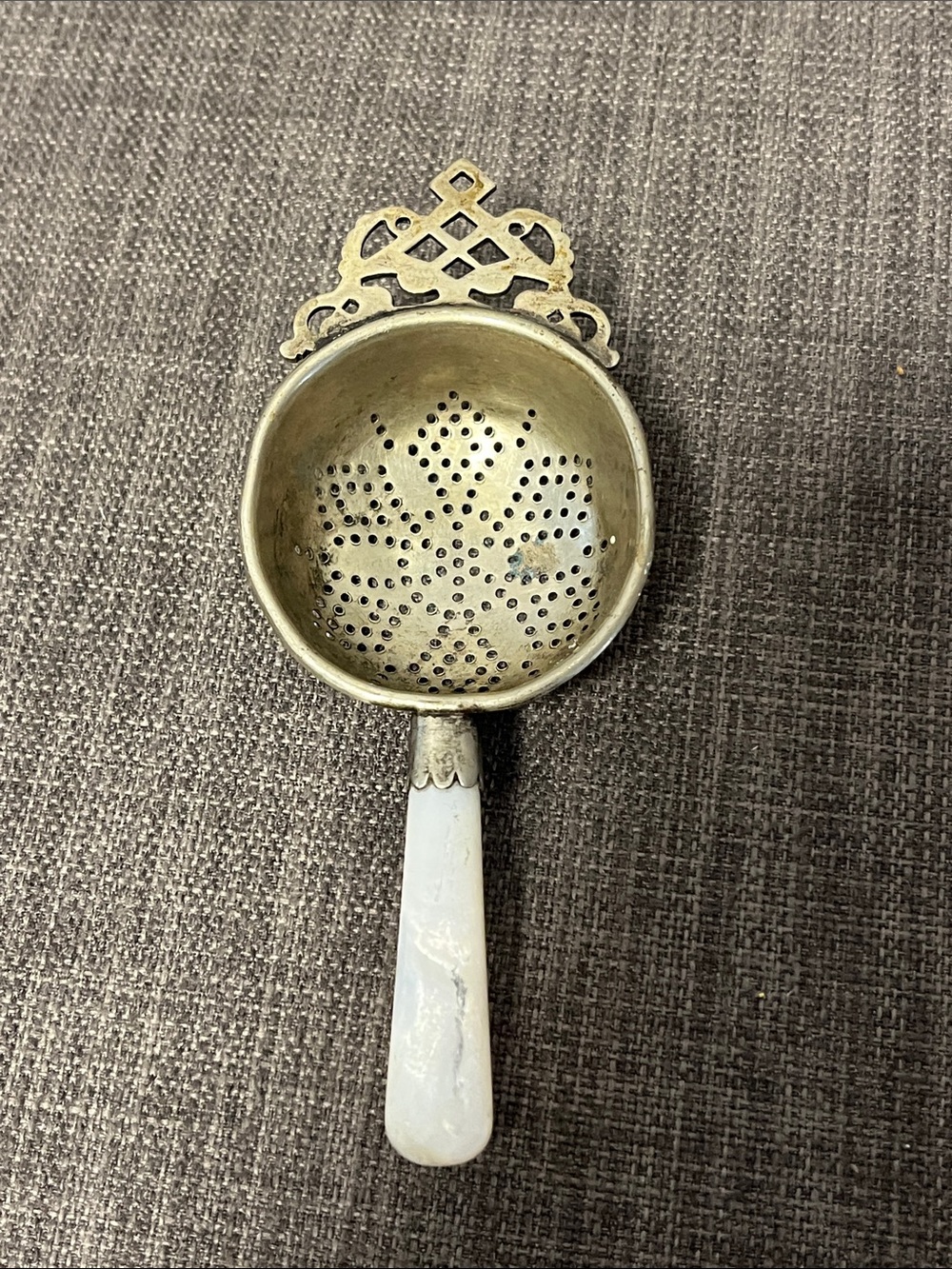 Antique EPNS Silver Plated Tea Strainer with Mother of Pearl Handle